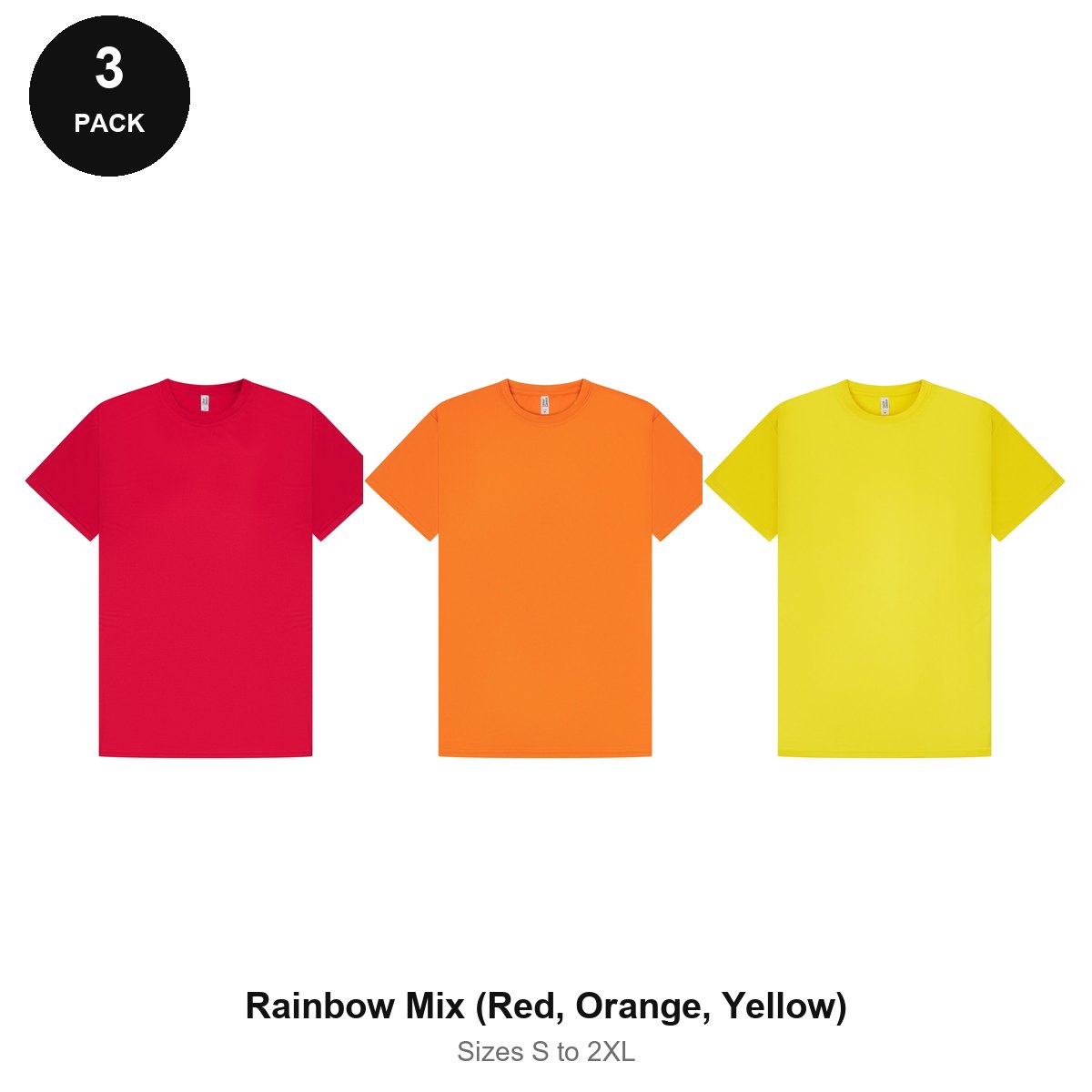 Mens Gym Sports Tech T-Shirts 3 Pack - 100% polyester 140gsm, Sizes S-2XL, Gym & Sports - Rainbow Mix (Red, Orange, Yellow)