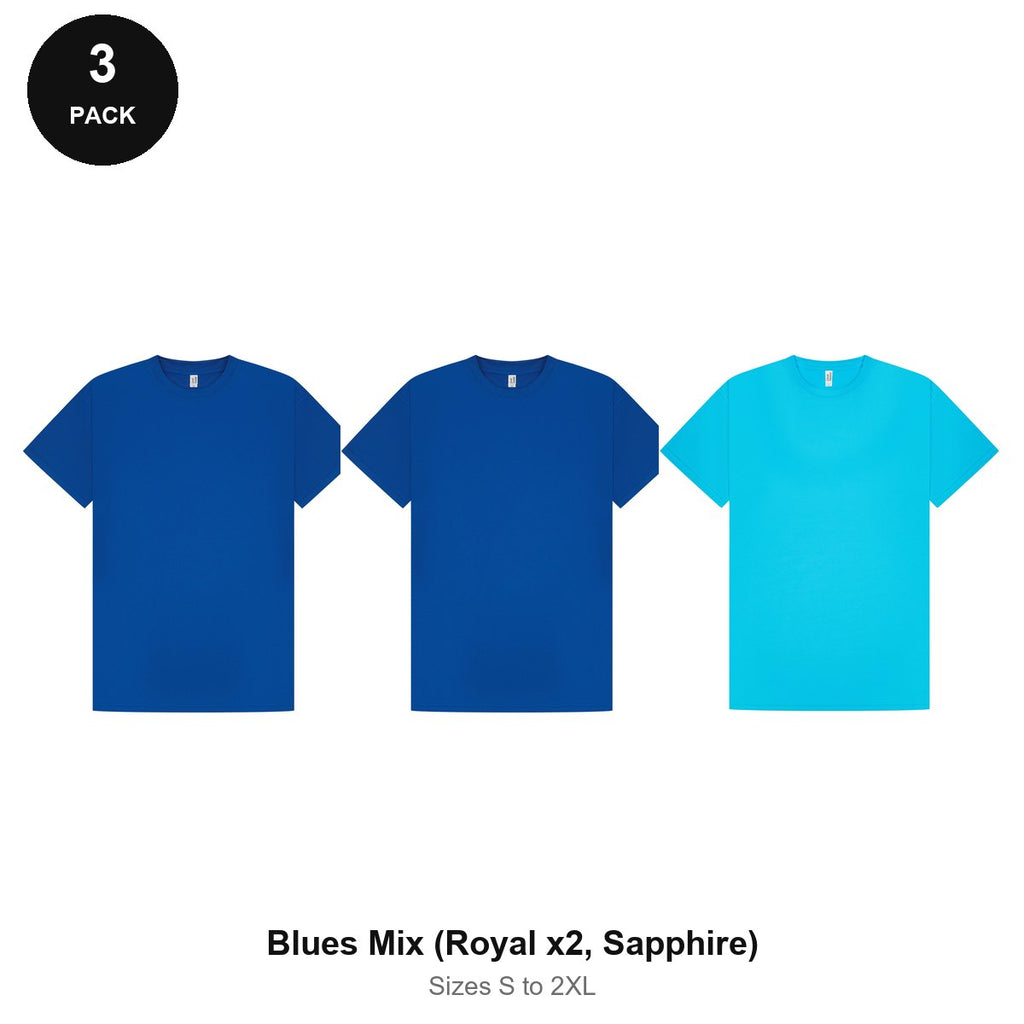 Mens Gym Sports Tech T-Shirts 3 Pack - 100% polyester 140gsm, Sizes S-2XL, Gym & Sports - Blues Mix (Royal x2, Sapphire)