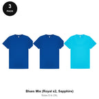 Mens Gym Sports Tech T-Shirts 3 Pack - 100% polyester 140gsm, Sizes S-2XL, Gym & Sports - Blues Mix (Royal x2, Sapphire)