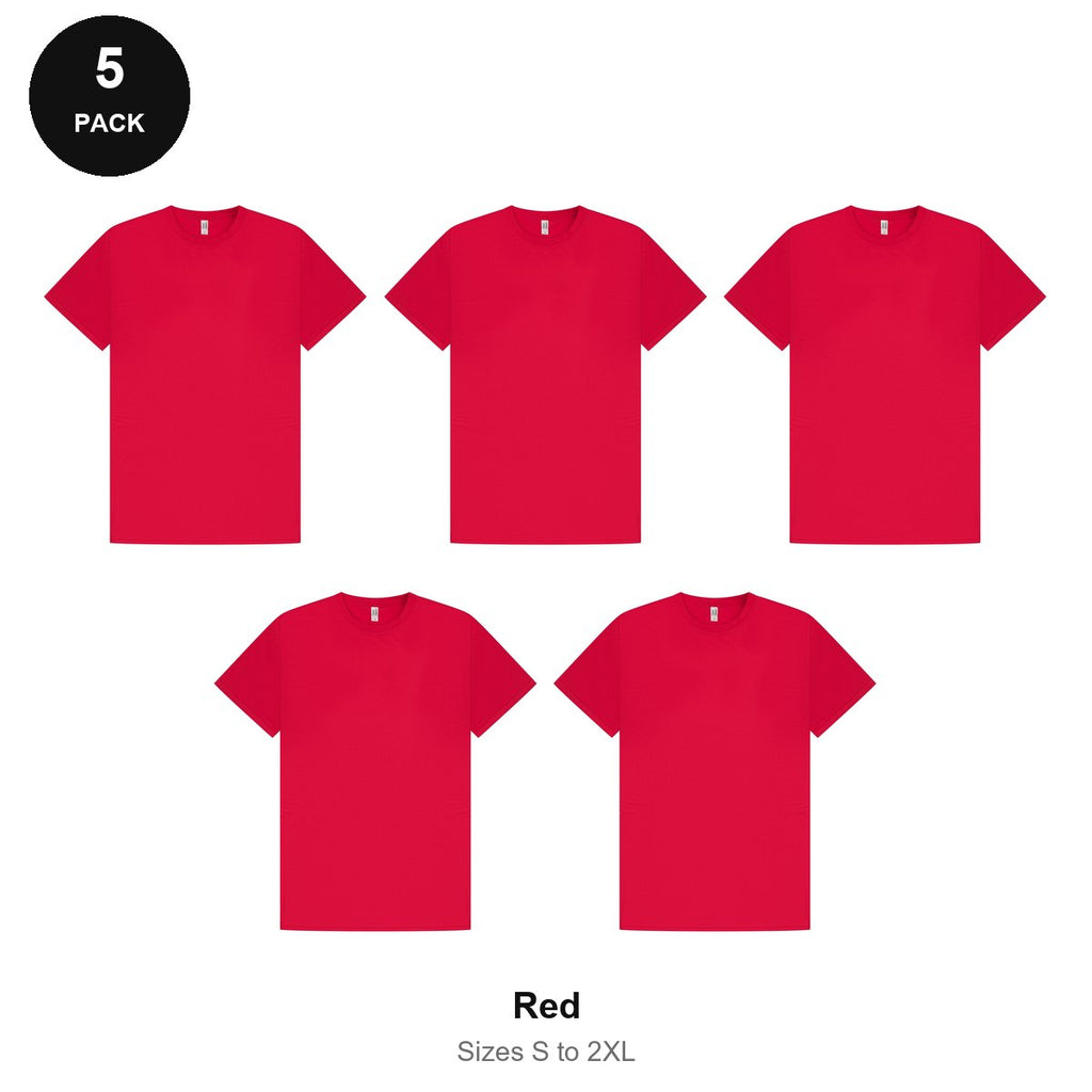 Mens Gym Sports Tech T-Shirts 5 Pack - 100% polyester 140gsm, Sizes S-2XL, Gym & Sports - Red