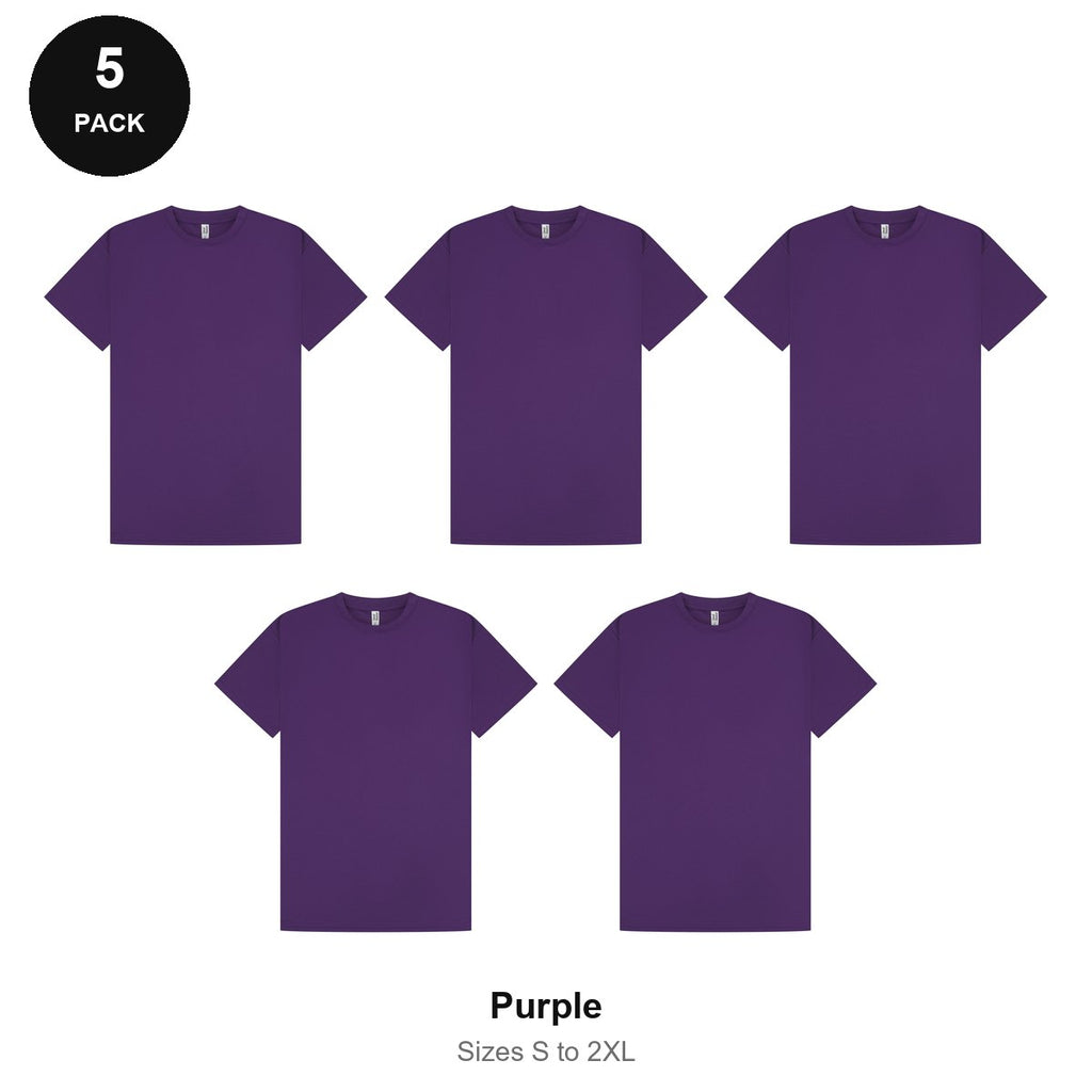Mens Gym Sports Tech T-Shirts 5 Pack - 100% polyester 140gsm, Sizes S-2XL, Gym & Sports - Purple