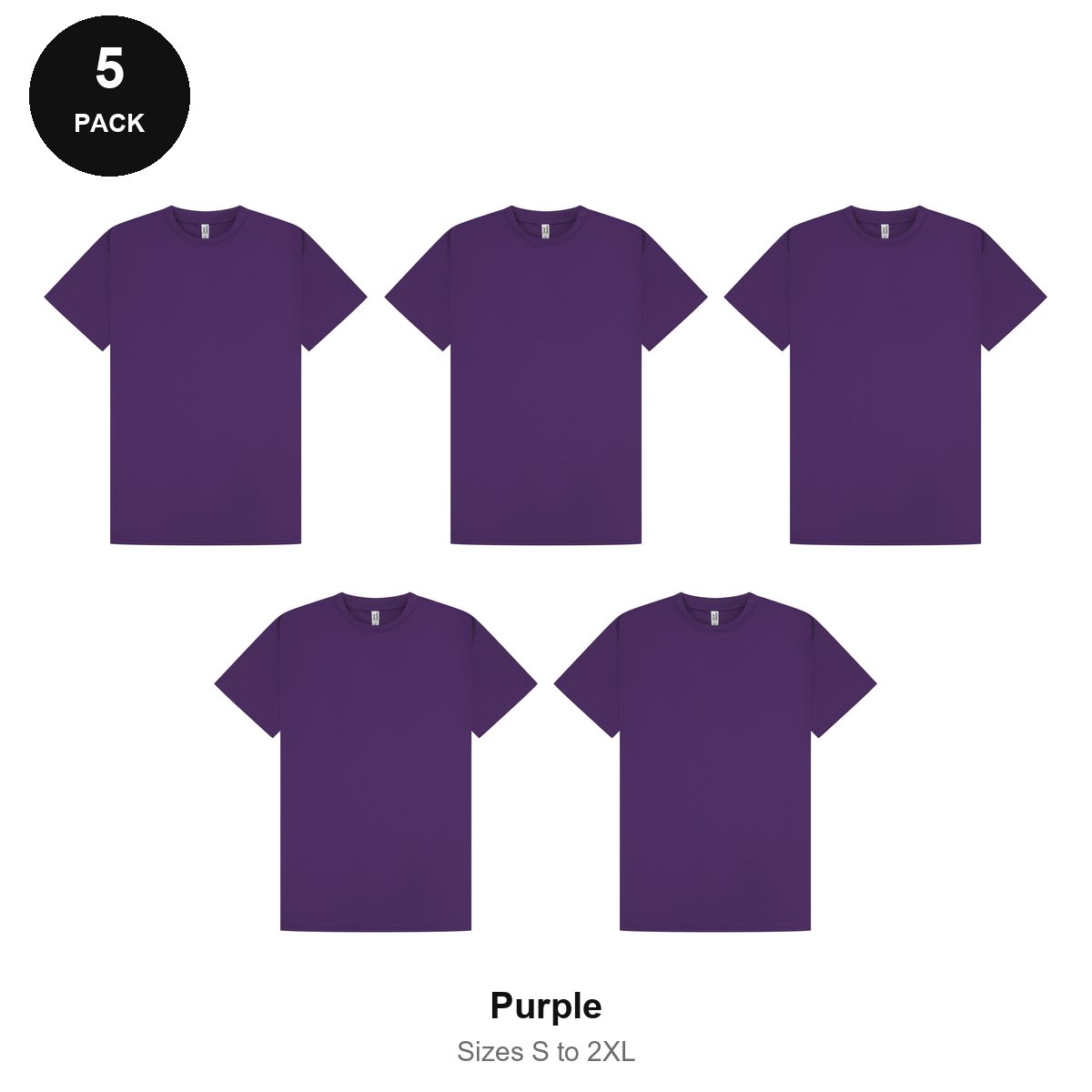Mens Gym Sports Tech T-Shirts 5 Pack - 100% polyester 140gsm, Sizes S-2XL, Gym & Sports - Purple