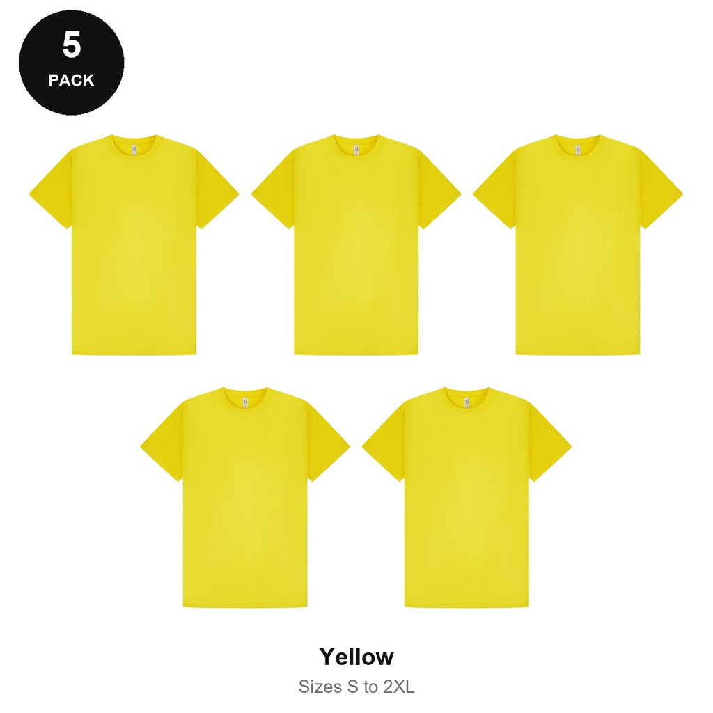 Mens Gym Sports Tech T-Shirts 5 Pack - 100% polyester 140gsm, Sizes S-2XL, Gym & Sports - Yellow