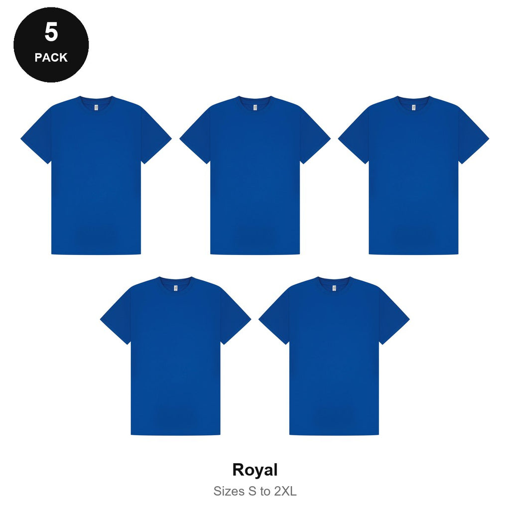 Mens Gym Sports Tech T-Shirts 5 Pack - 100% polyester 140gsm, Sizes S-2XL, Gym & Sports - Royal