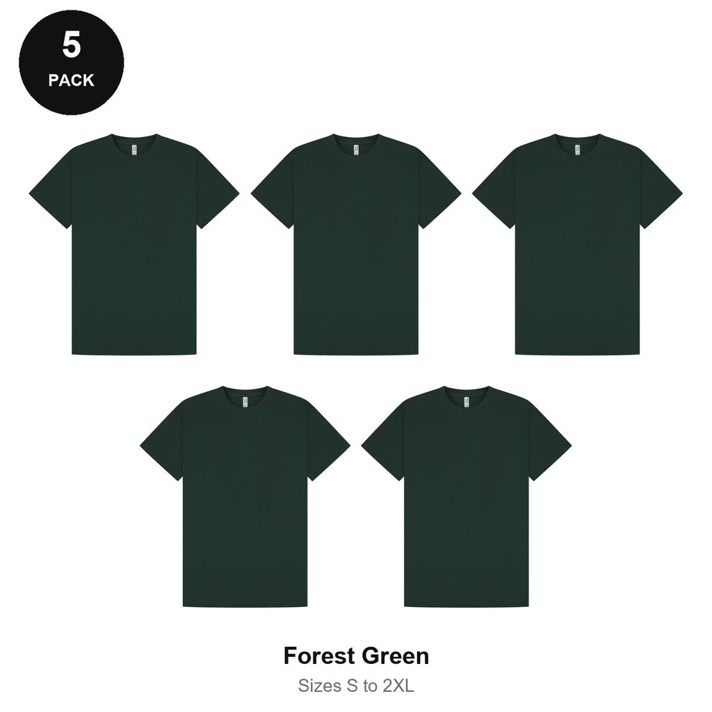 Mens Gym Sports Tech T-Shirts 5 Pack - 100% polyester 140gsm, Sizes S-2XL, Gym & Sports - Forest Green