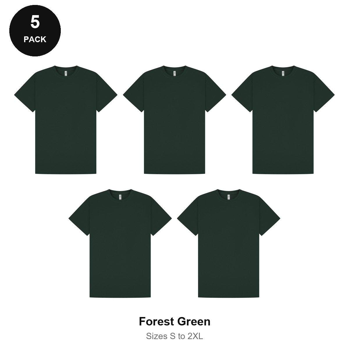 Mens Gym Sports Tech T-Shirts 5 Pack - 100% polyester 140gsm, Sizes S-2XL, Gym & Sports - Forest Green