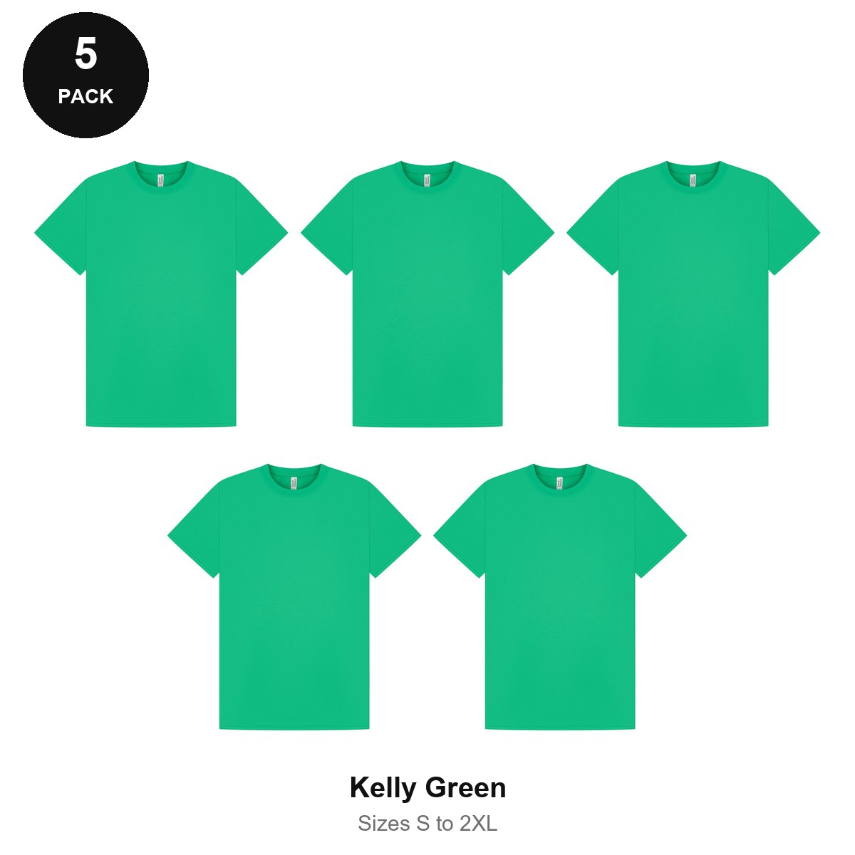 Mens Gym Sports Tech T-Shirts 5 Pack - 100% polyester 140gsm, Sizes S-2XL, Gym & Sports - Kelly Green