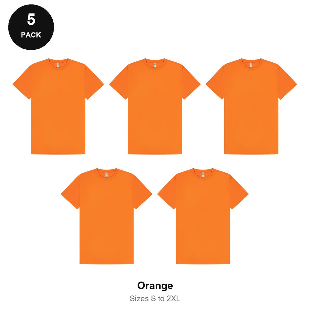 Mens Gym Sports Tech T-Shirts 5 Pack - 100% polyester 140gsm, Sizes S-2XL, Gym & Sports - Orange