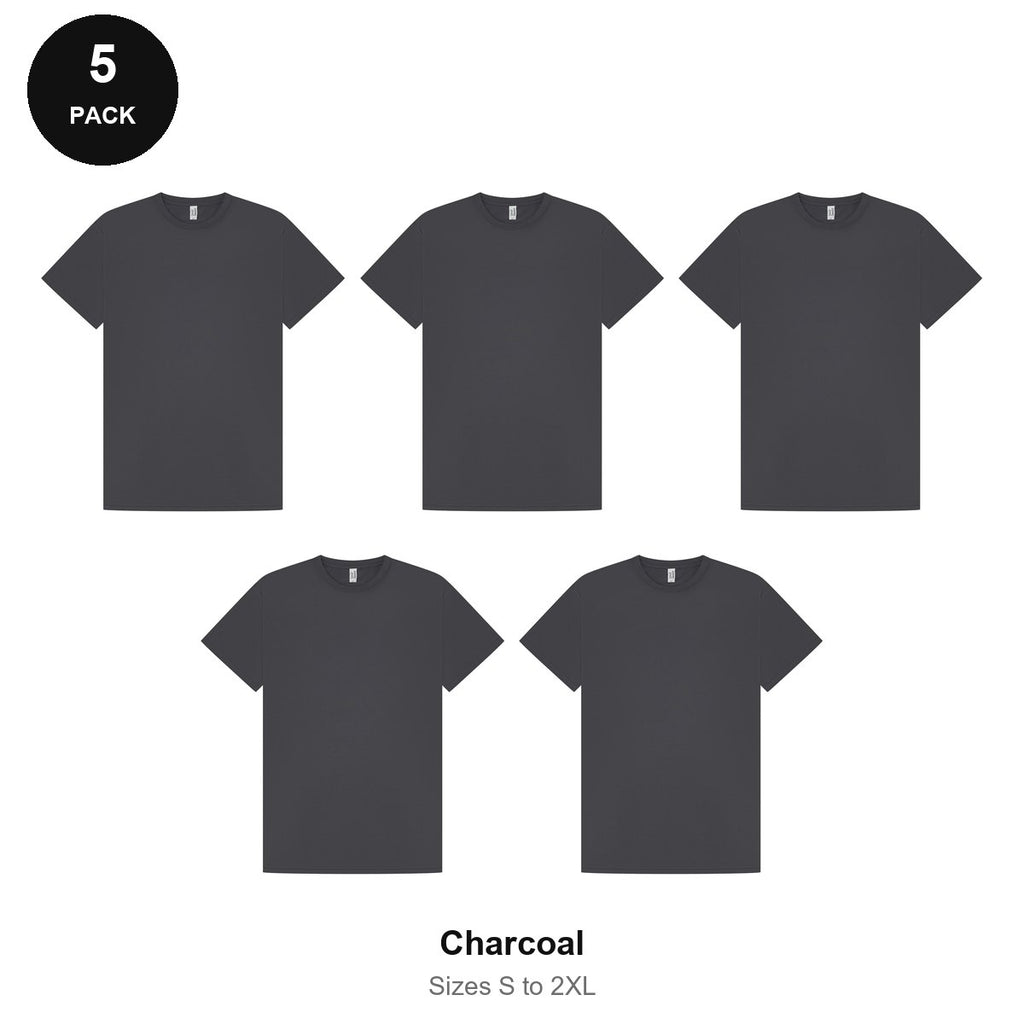 Mens Gym Sports Tech T-Shirts 5 Pack - 100% polyester 140gsm, Sizes S-2XL, Gym & Sports - Charcoal