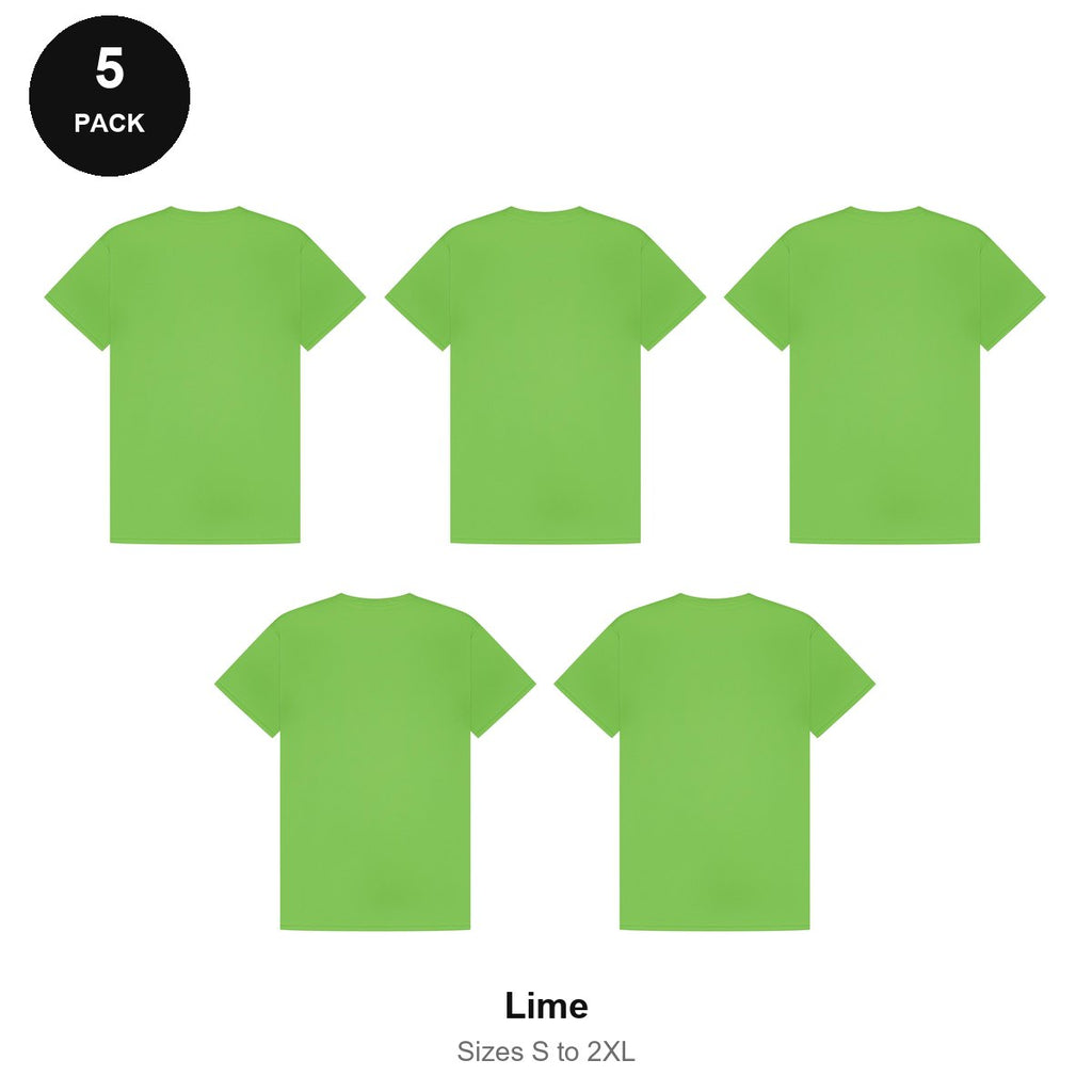 Mens Gym Sports Tech T-Shirts 5 Pack - 100% polyester 140gsm, Sizes S-2XL, Gym & Sports - Lime