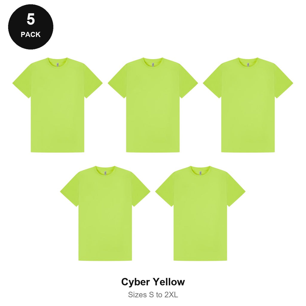 Mens Gym Sports Tech T-Shirts 5 Pack - 100% polyester 140gsm, Sizes S-2XL, Gym & Sports - Cyber Yellow