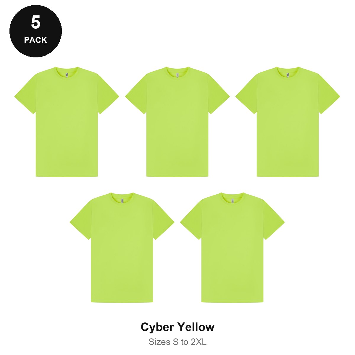 Mens Gym Sports Tech T-Shirts 5 Pack - 100% polyester 140gsm, Sizes S-2XL, Gym & Sports - Cyber Yellow