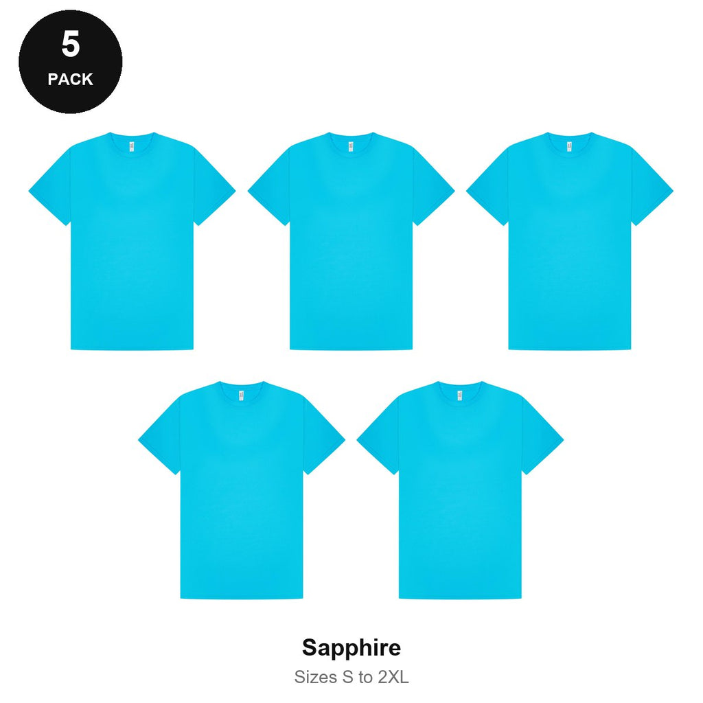Mens Gym Sports Tech T-Shirts 5 Pack - 100% polyester 140gsm, Sizes S-2XL, Gym & Sports - Sapphire