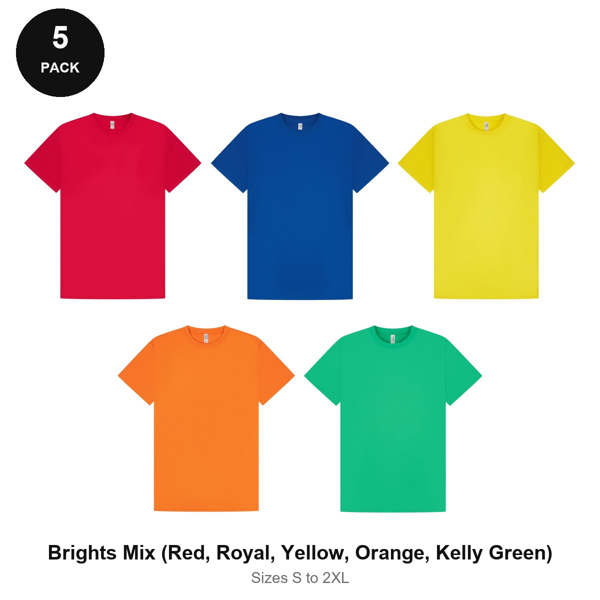 Mens Gym Sports Tech T-Shirts 5 Pack - 100% polyester 140gsm, Sizes S-2XL, Gym & Sports - Brights Mix (Red, Royal, Yellow, Orange, Kelly Green)