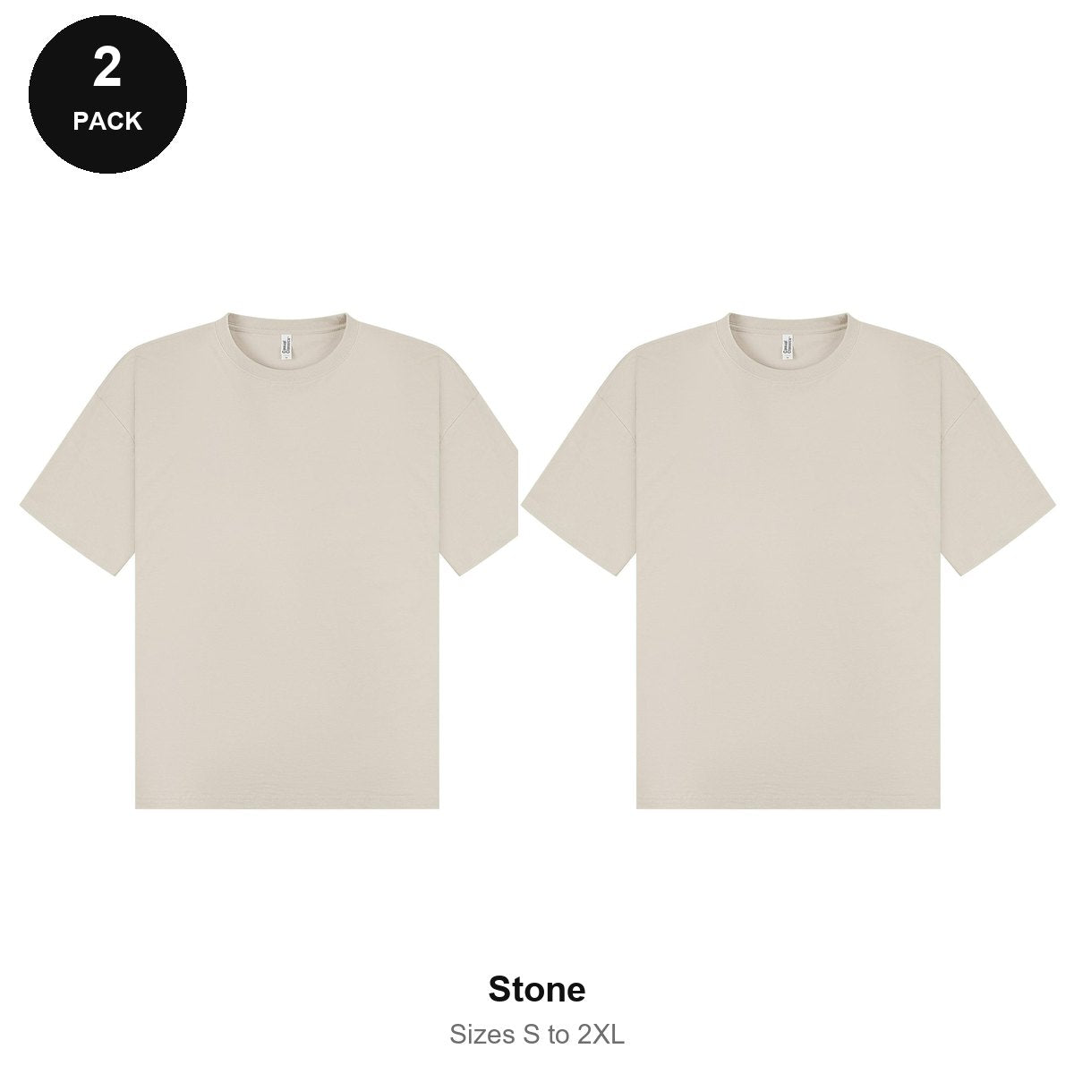 Oversized T-Shirts 2 Pack - 100% combed cotton 180gsm, Sizes S-2XL - Stone