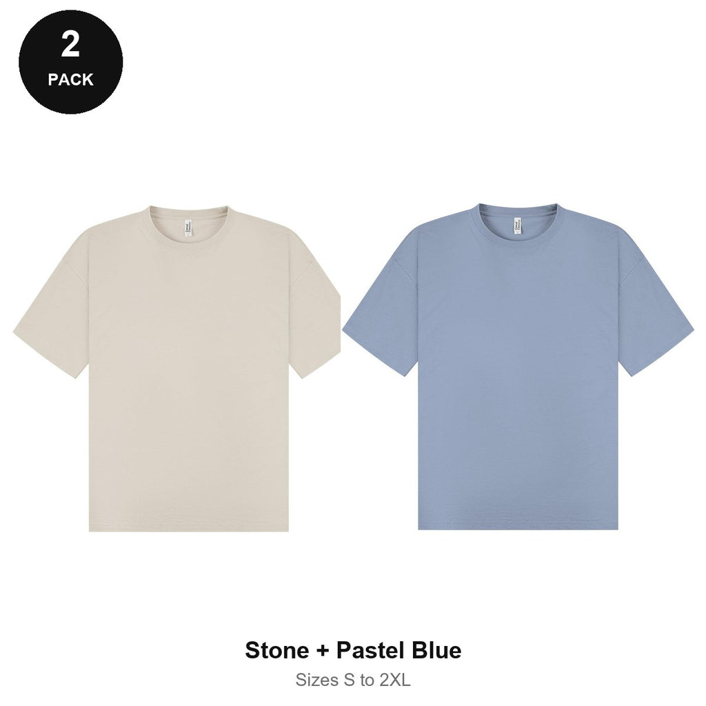 Oversized T-Shirts 2 Pack - 100% combed cotton 180gsm, Sizes S-2XL - Stone + Pastel Blue