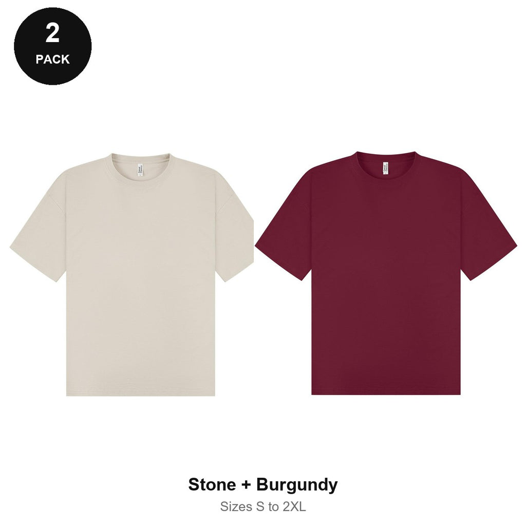 Oversized T-Shirts 2 Pack - 100% combed cotton 180gsm, Sizes S-2XL - Stone + Burgundy