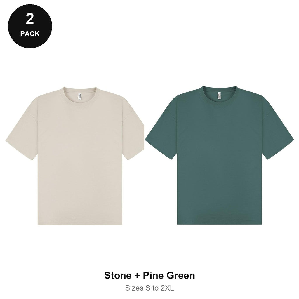Oversized T-Shirts 2 Pack - 100% combed cotton 180gsm, Sizes S-2XL - Stone + Pine Green