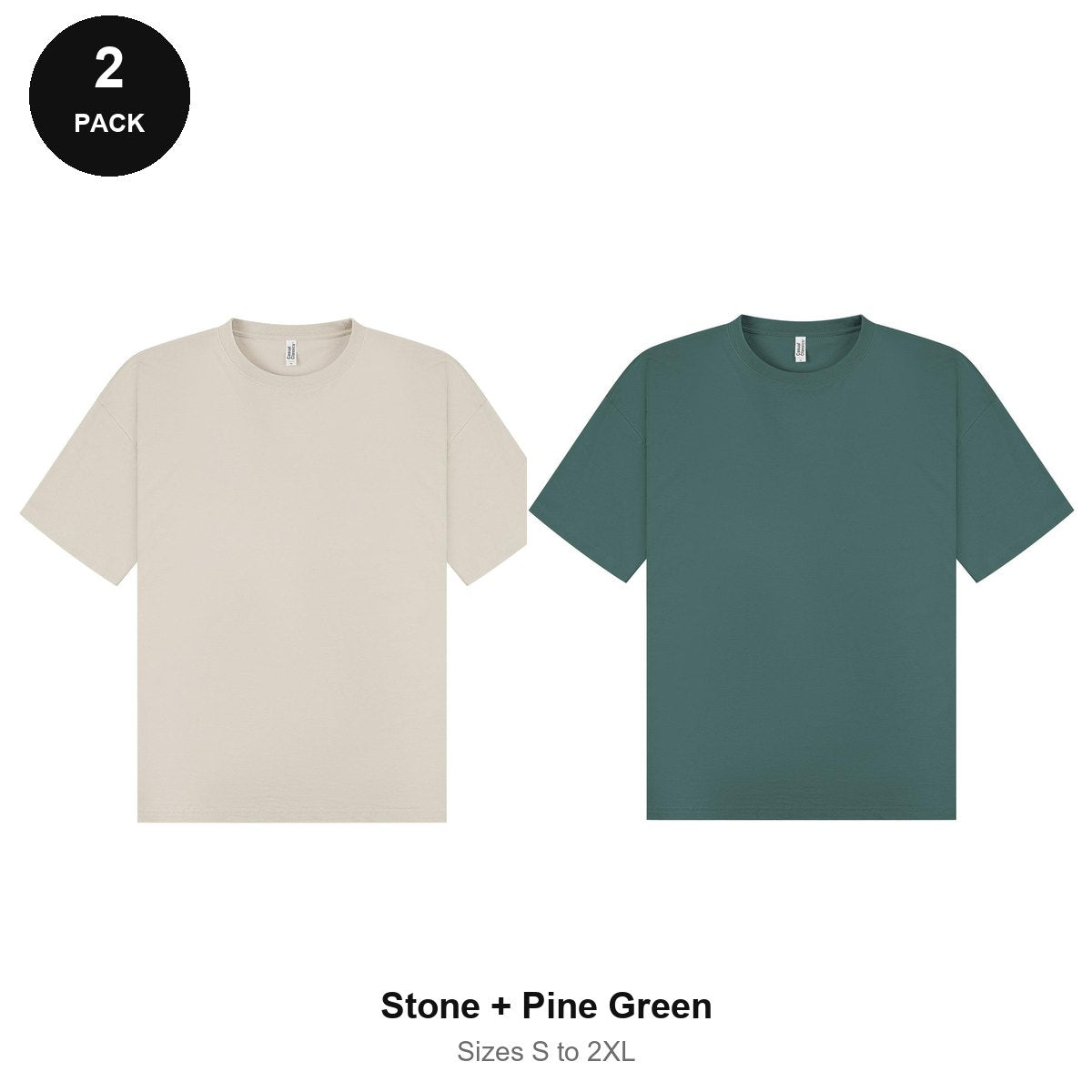 Oversized T-Shirts 2 Pack - 100% combed cotton 180gsm, Sizes S-2XL - Stone + Pine Green