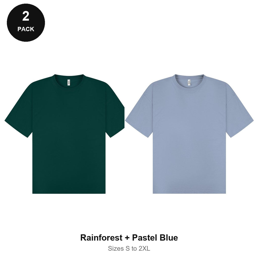 Oversized T-Shirts 2 Pack - 100% combed cotton 180gsm, Sizes S-2XL - Rainforest + Pastel Blue