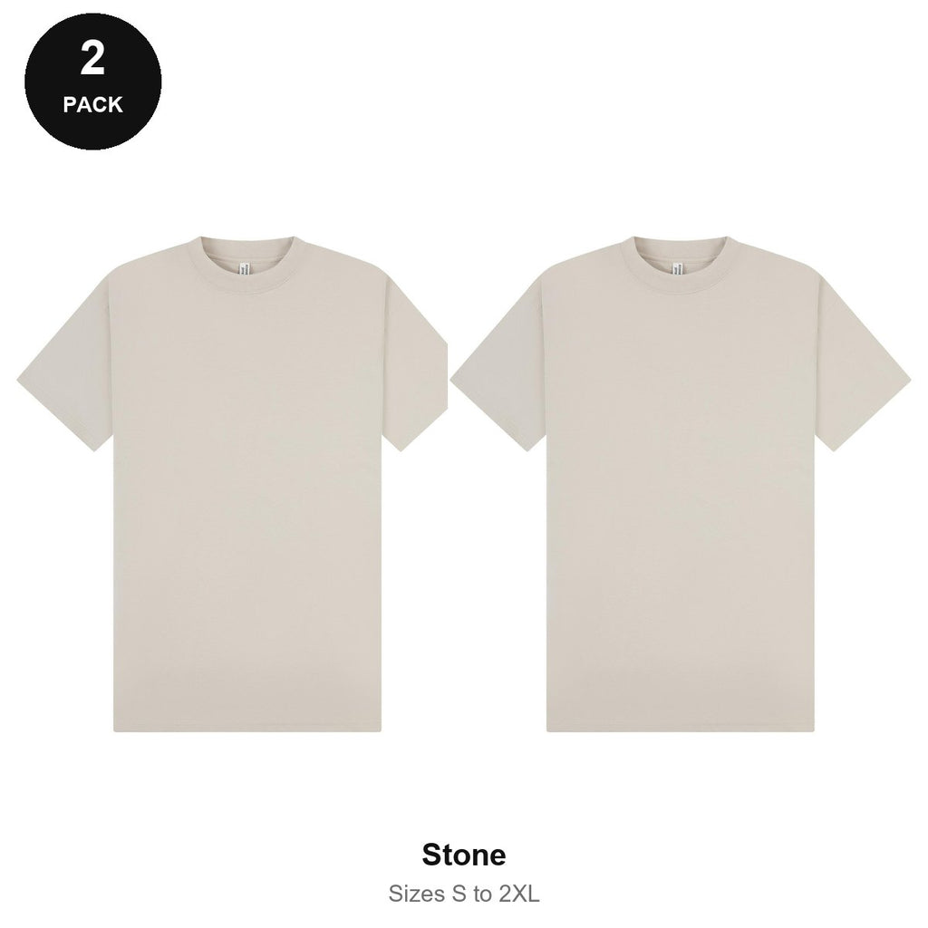 Oversized Extended-Neck T-Shirts 2 Pack - 100% combed cotton 220gsm, Sizes S-2XL - Stone