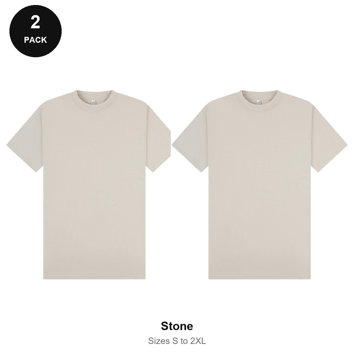 Oversized Extended-Neck T-Shirts 2 Pack - 100% combed cotton 220gsm, Sizes S-2XL - Stone
