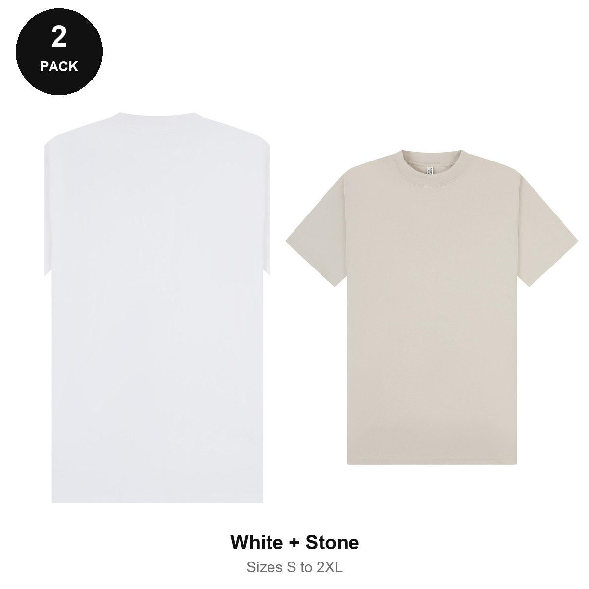 Oversized Extended-Neck T-Shirts 2 Pack - 100% combed cotton 220gsm, Sizes S-2XL - White + Stone