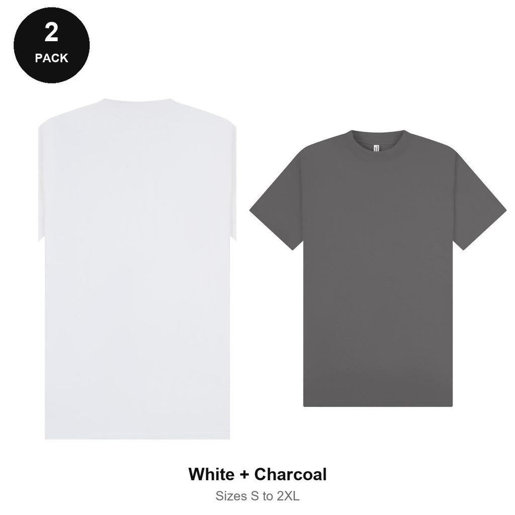 Oversized Extended-Neck T-Shirts 2 Pack - 100% combed cotton 220gsm, Sizes S-2XL - White + Charcoal