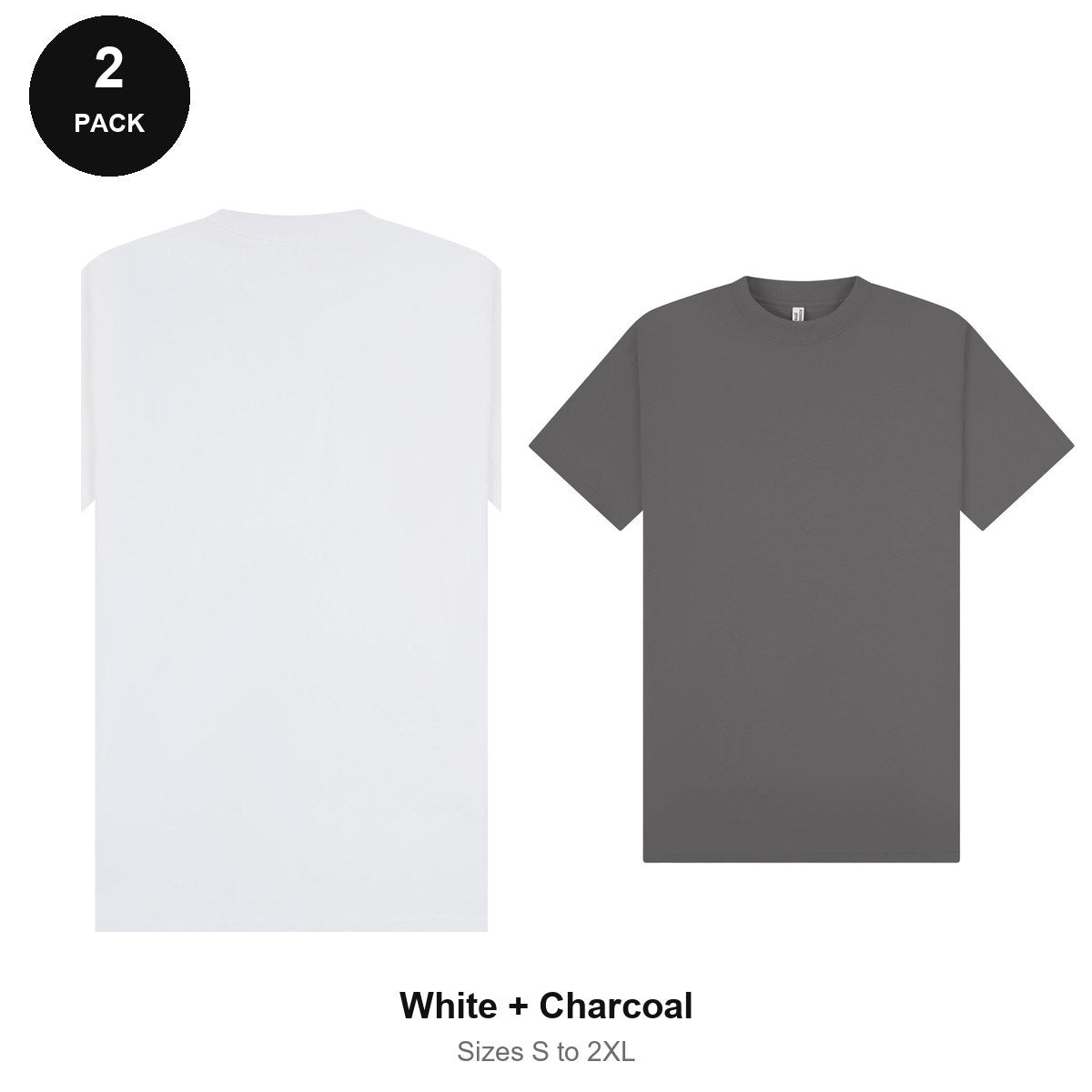 Oversized Extended-Neck T-Shirts 2 Pack - 100% combed cotton 220gsm, Sizes S-2XL - White + Charcoal