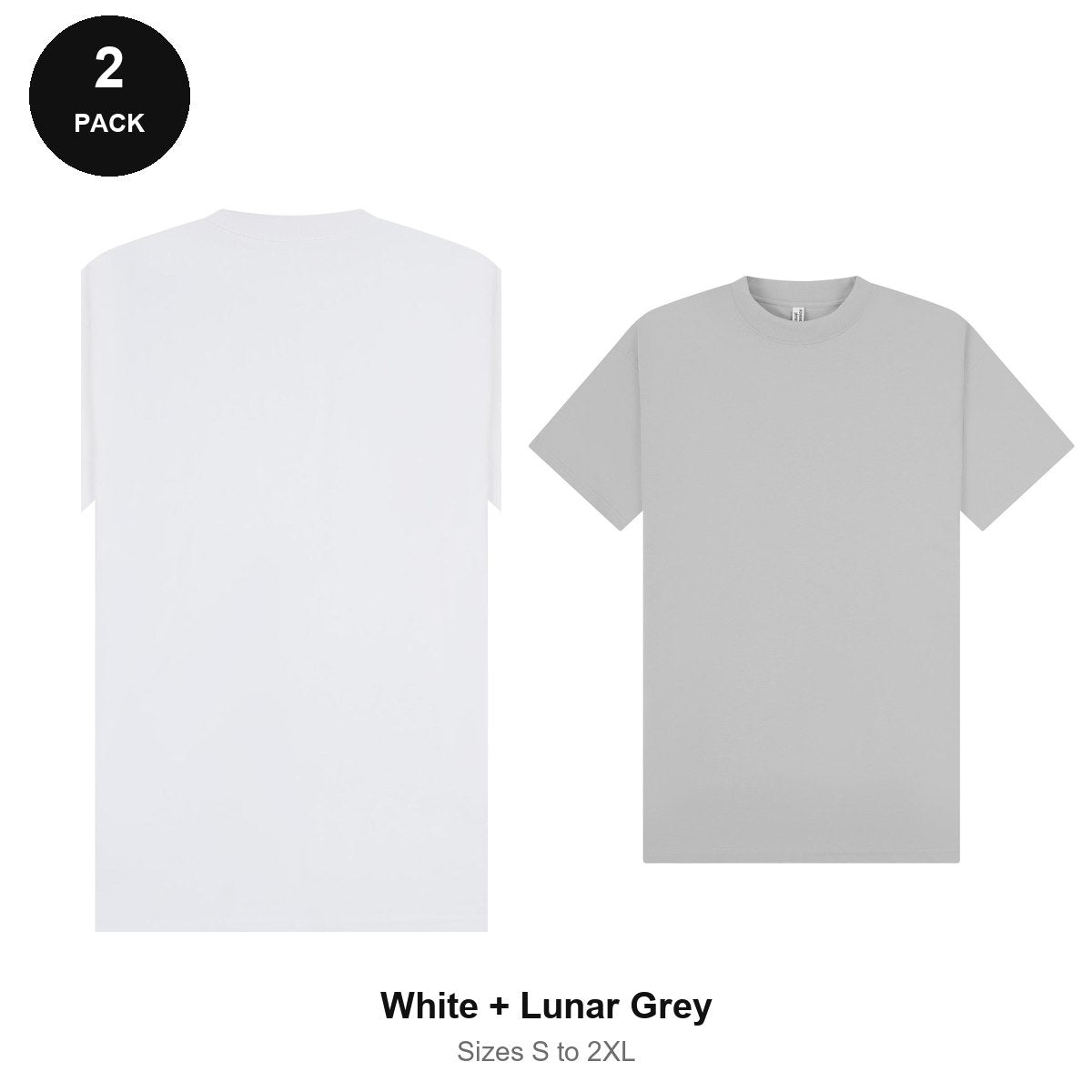Oversized Extended-Neck T-Shirts 2 Pack - 100% combed cotton 220gsm, Sizes S-2XL - White + Lunar Grey