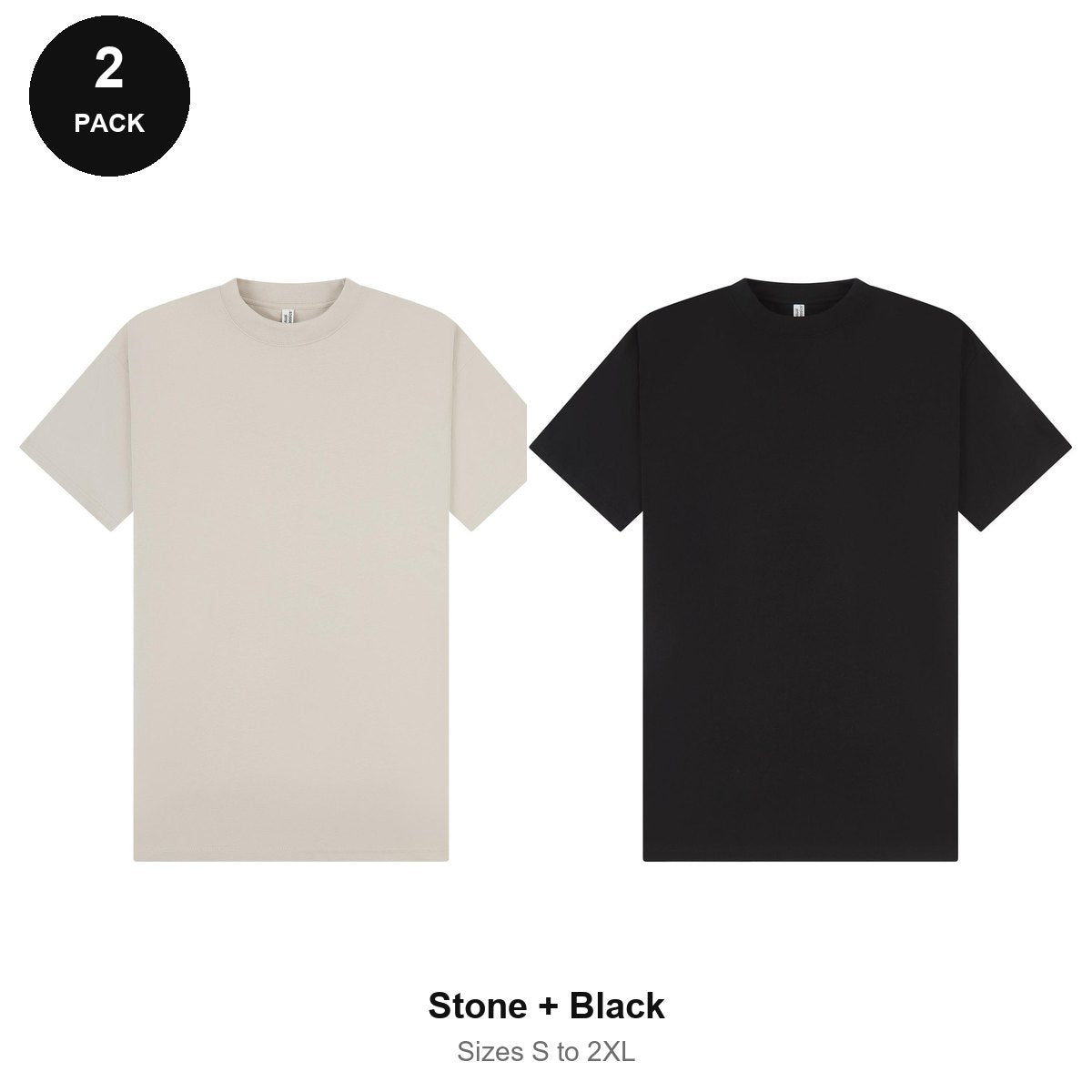 Oversized Extended-Neck T-Shirts 2 Pack - 100% combed cotton 220gsm, Sizes S-2XL - Stone + Black