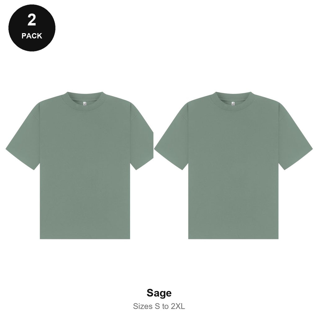 Boxy Oversized T-Shirts 2 Pack - 100% combed cotton 220gsm, Sizes S-2XL - Sage