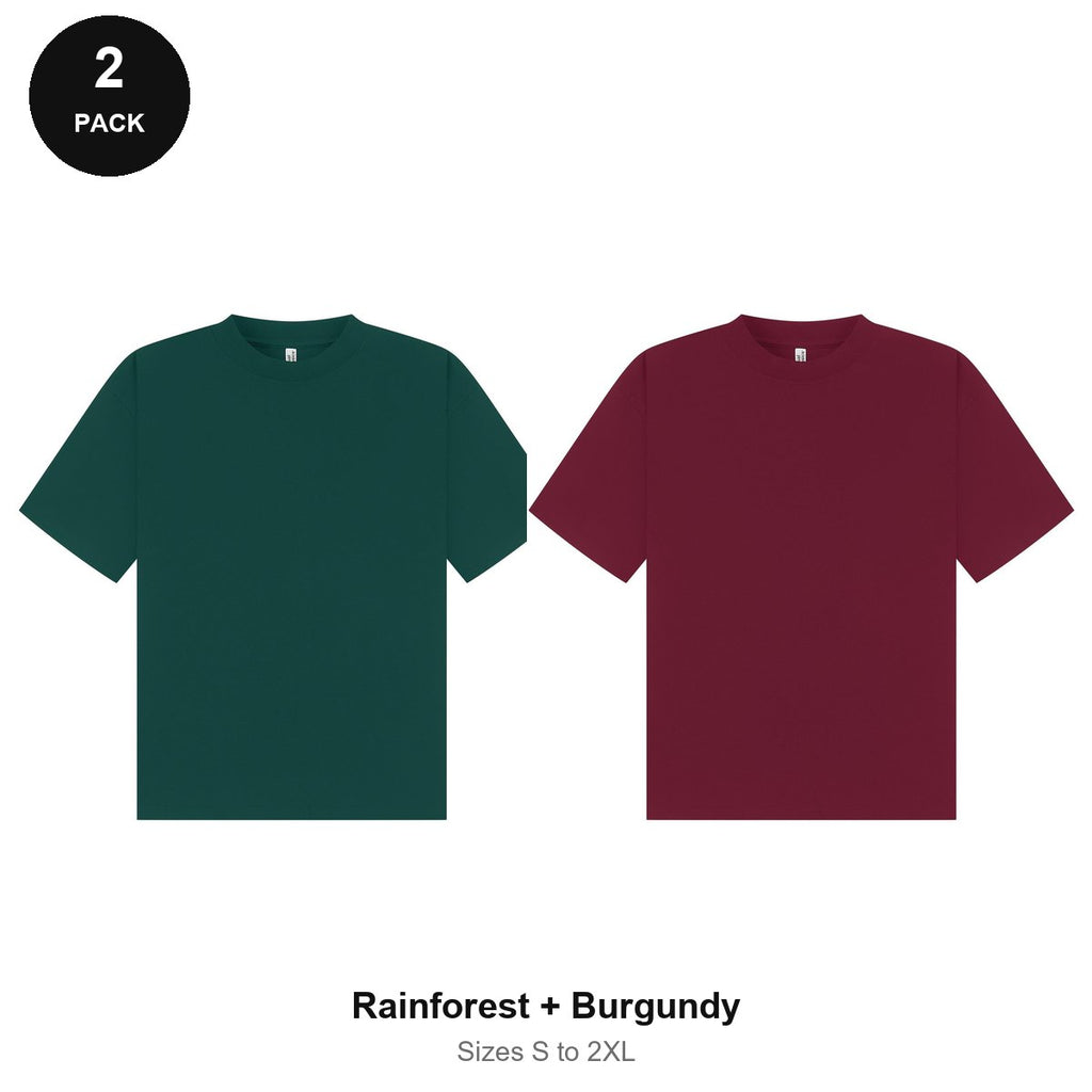 Boxy Oversized T-Shirts 2 Pack - 100% combed cotton 220gsm, Sizes S-2XL - Rainforest + Burgundy