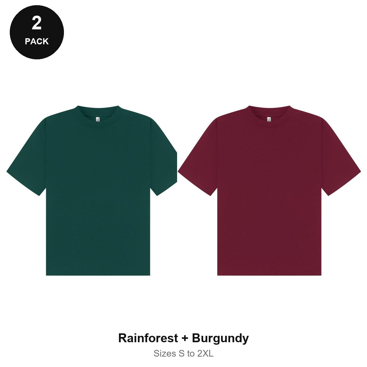 Boxy Oversized T-Shirts 2 Pack - 100% combed cotton 220gsm, Sizes S-2XL - Rainforest + Burgundy