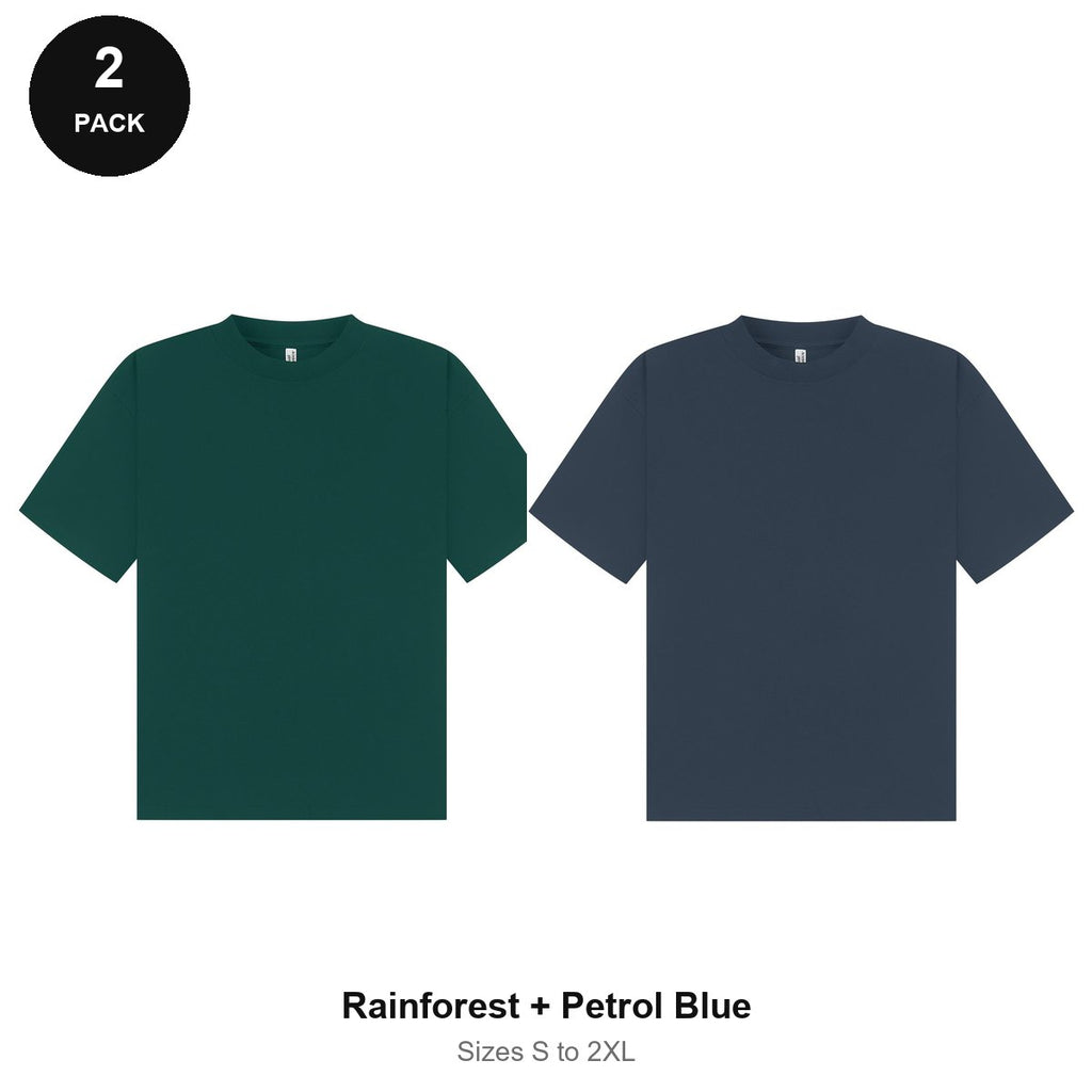 Boxy Oversized T-Shirts 2 Pack - 100% combed cotton 220gsm, Sizes S-2XL - Rainforest + Petrol Blue