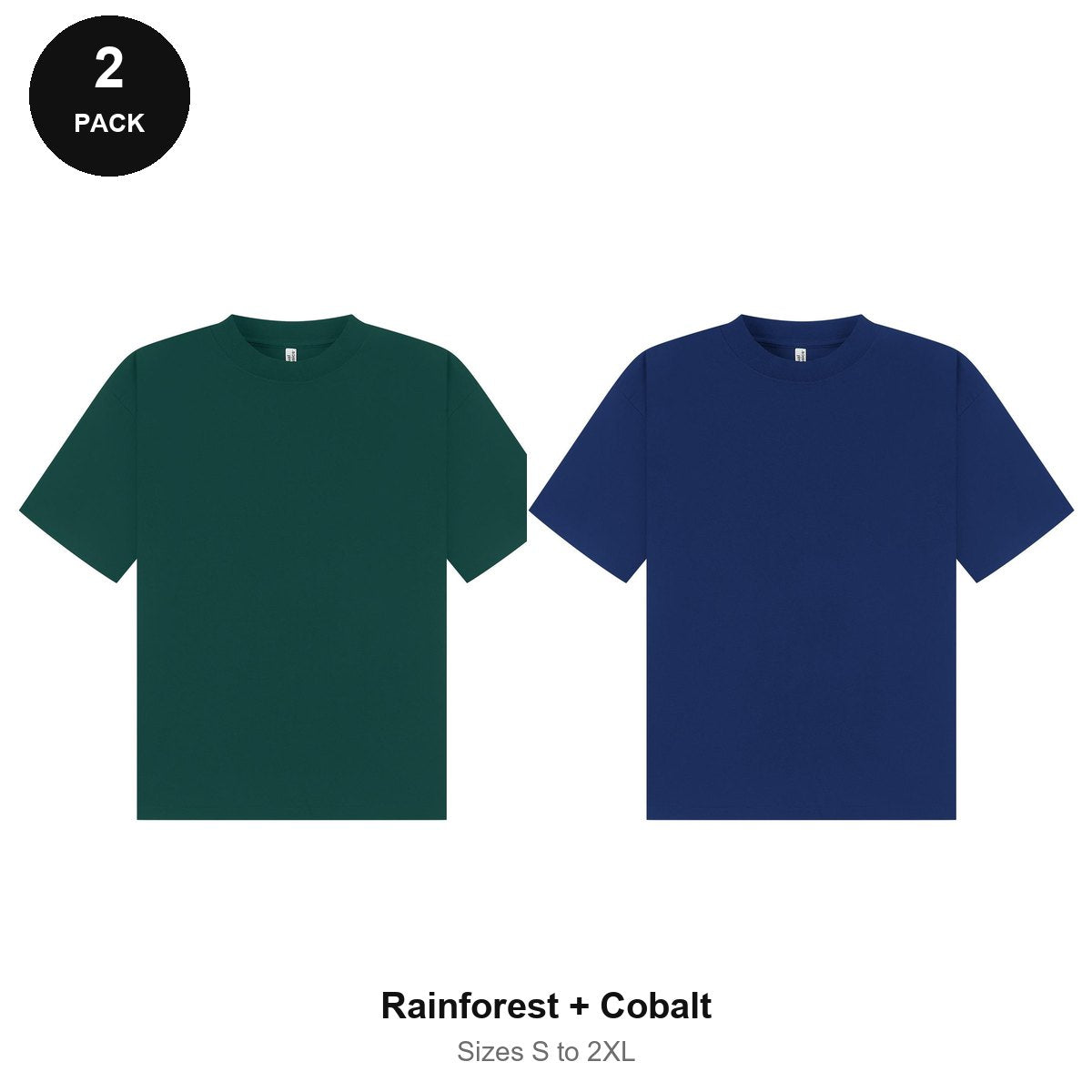 Boxy Oversized T-Shirts 2 Pack - 100% combed cotton 220gsm, Sizes S-2XL - Rainforest + Cobalt