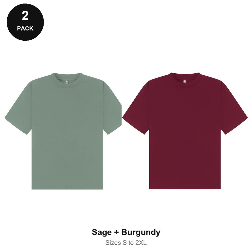 Boxy Oversized T-Shirts 2 Pack - 100% combed cotton 220gsm, Sizes S-2XL - Sage + Burgundy