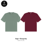 Boxy Oversized T-Shirts 2 Pack - 100% combed cotton 220gsm, Sizes S-2XL - Sage + Burgundy
