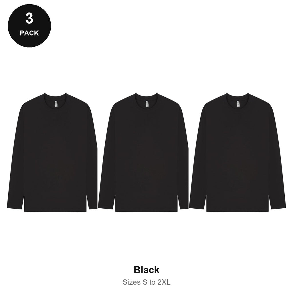 Mens Long Sleeve T-Shirts 3 Pack - 100% ringspun cotton 150gsm, Sizes S-2XL - Black