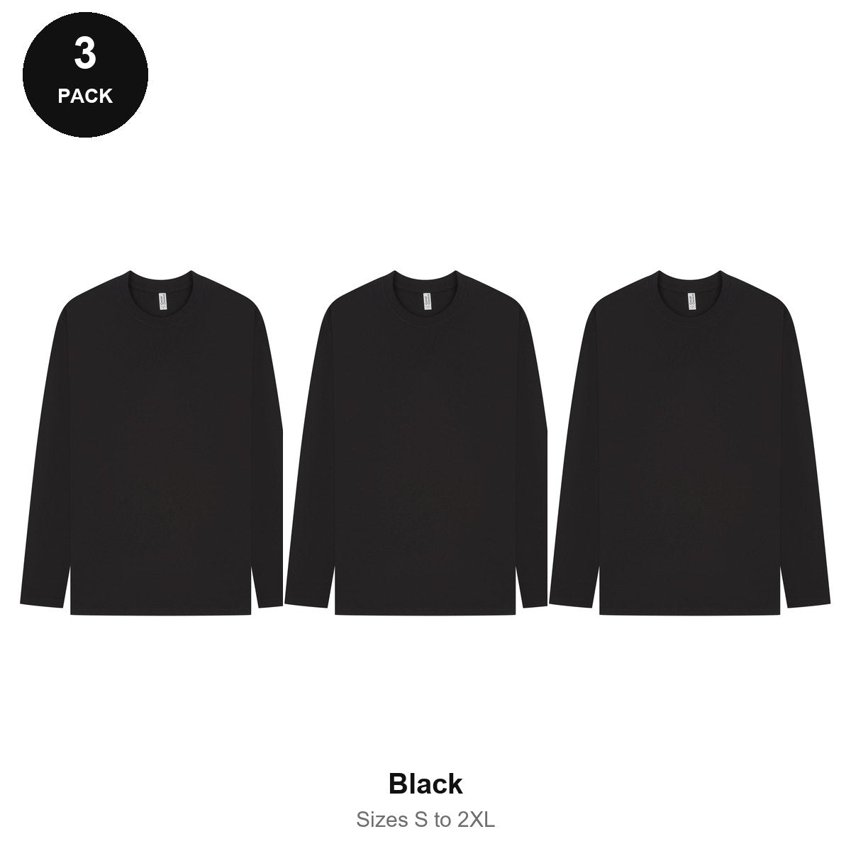 Mens Long Sleeve T-Shirts 3 Pack - 100% ringspun cotton 150gsm, Sizes S-2XL - Black