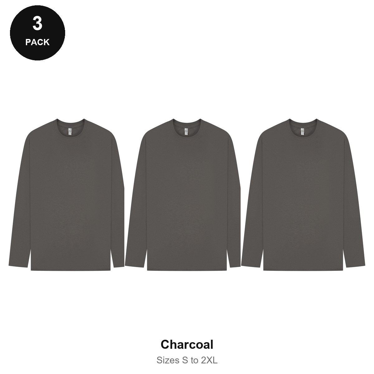 Mens Long Sleeve T-Shirts 3 Pack - 100% ringspun cotton 150gsm, Sizes S-2XL - Charcoal