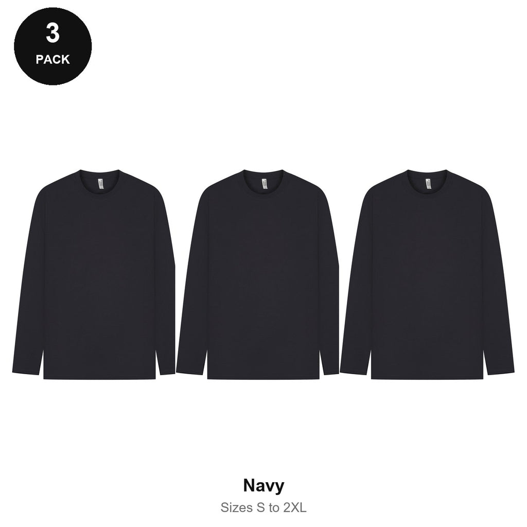 Mens Long Sleeve T-Shirts 3 Pack - 100% ringspun cotton 150gsm, Sizes S-2XL - Navy