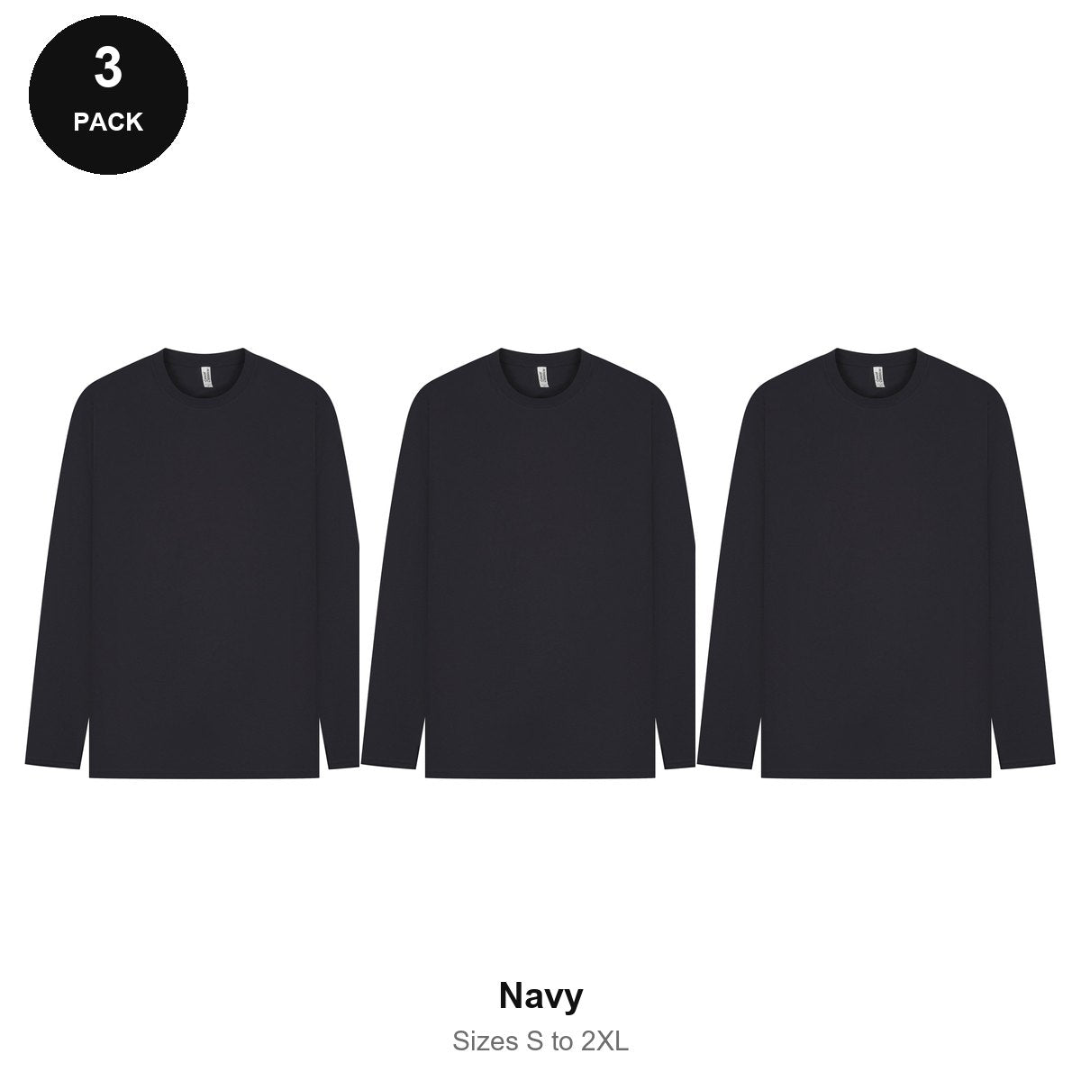 Mens Long Sleeve T-Shirts 3 Pack - 100% ringspun cotton 150gsm, Sizes S-2XL - Navy