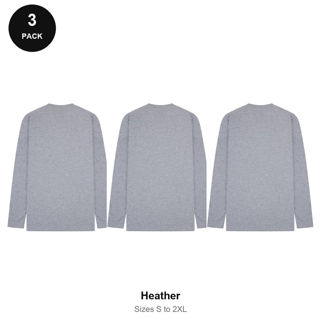 Mens Long Sleeve T-Shirts 3 Pack - 100% ringspun cotton 150gsm, Sizes S-2XL - Heather