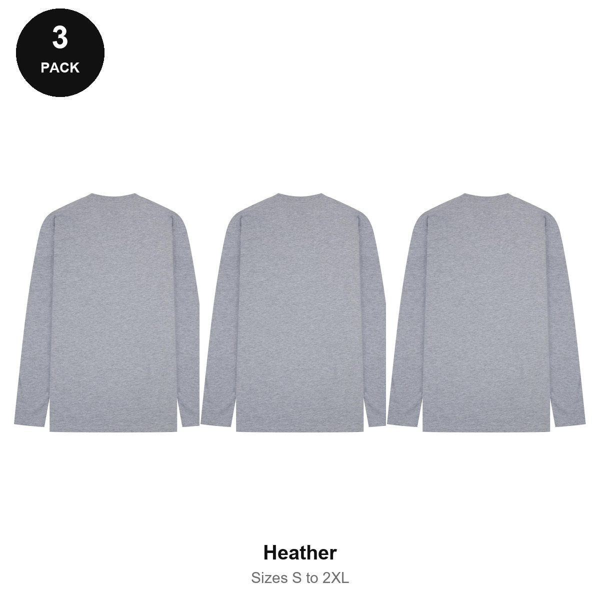Mens Long Sleeve T-Shirts 3 Pack - 100% ringspun cotton 150gsm, Sizes S-2XL - Heather