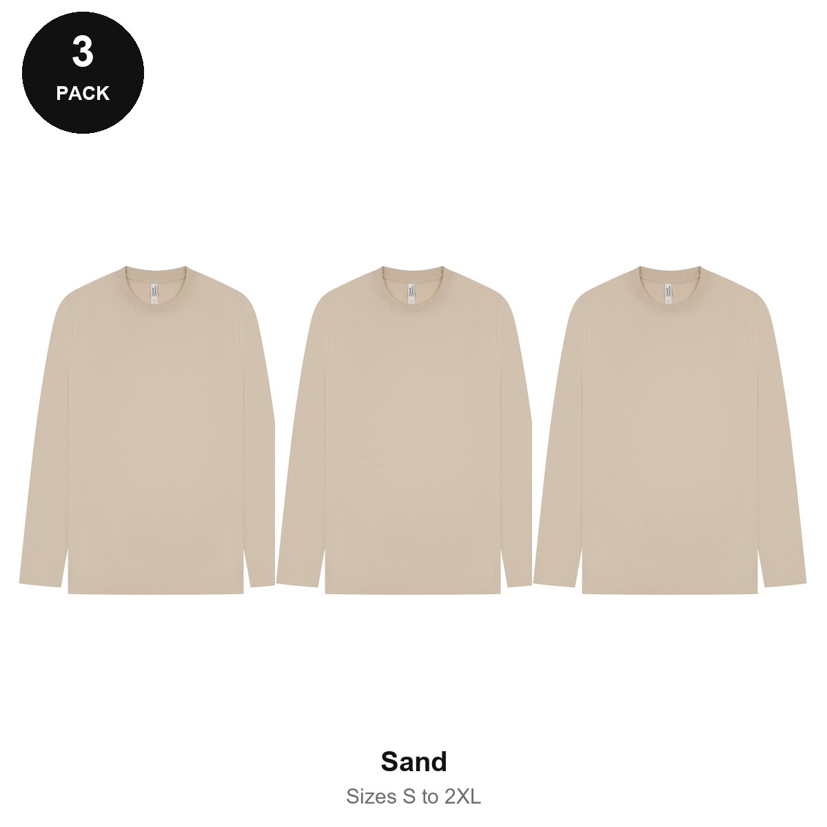 Mens Long Sleeve T-Shirts 3 Pack - 100% ringspun cotton 150gsm, Sizes S-2XL - Sand