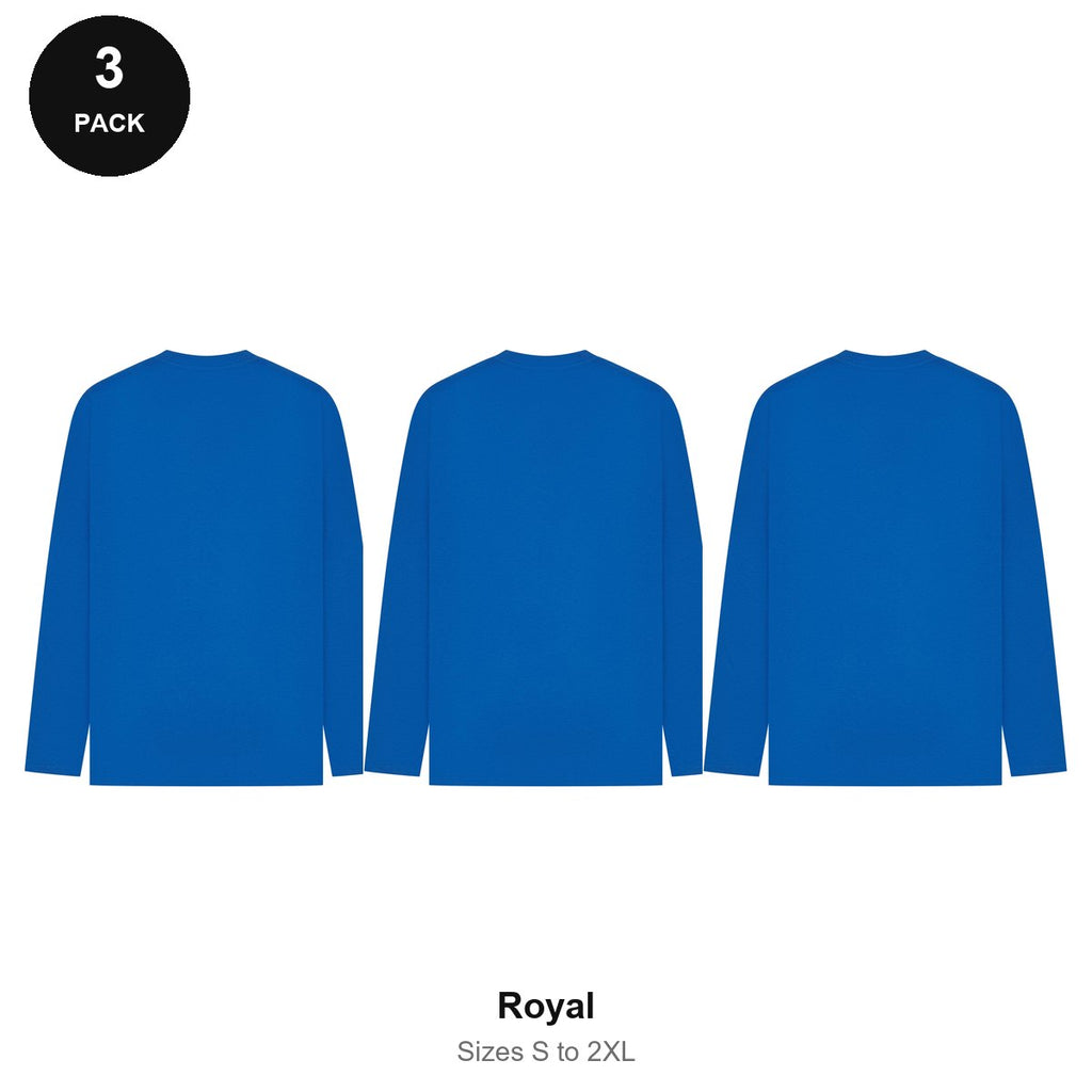 Mens Long Sleeve T-Shirts 3 Pack - 100% ringspun cotton 150gsm, Sizes S-2XL - Royal