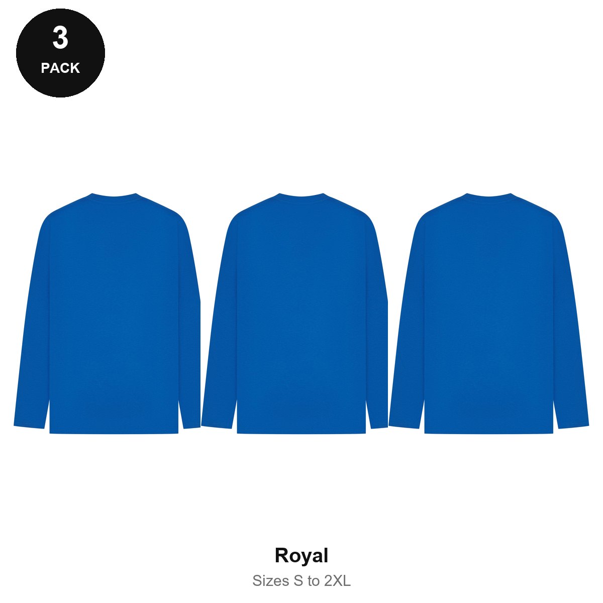 Mens Long Sleeve T-Shirts 3 Pack - 100% ringspun cotton 150gsm, Sizes S-2XL - Royal