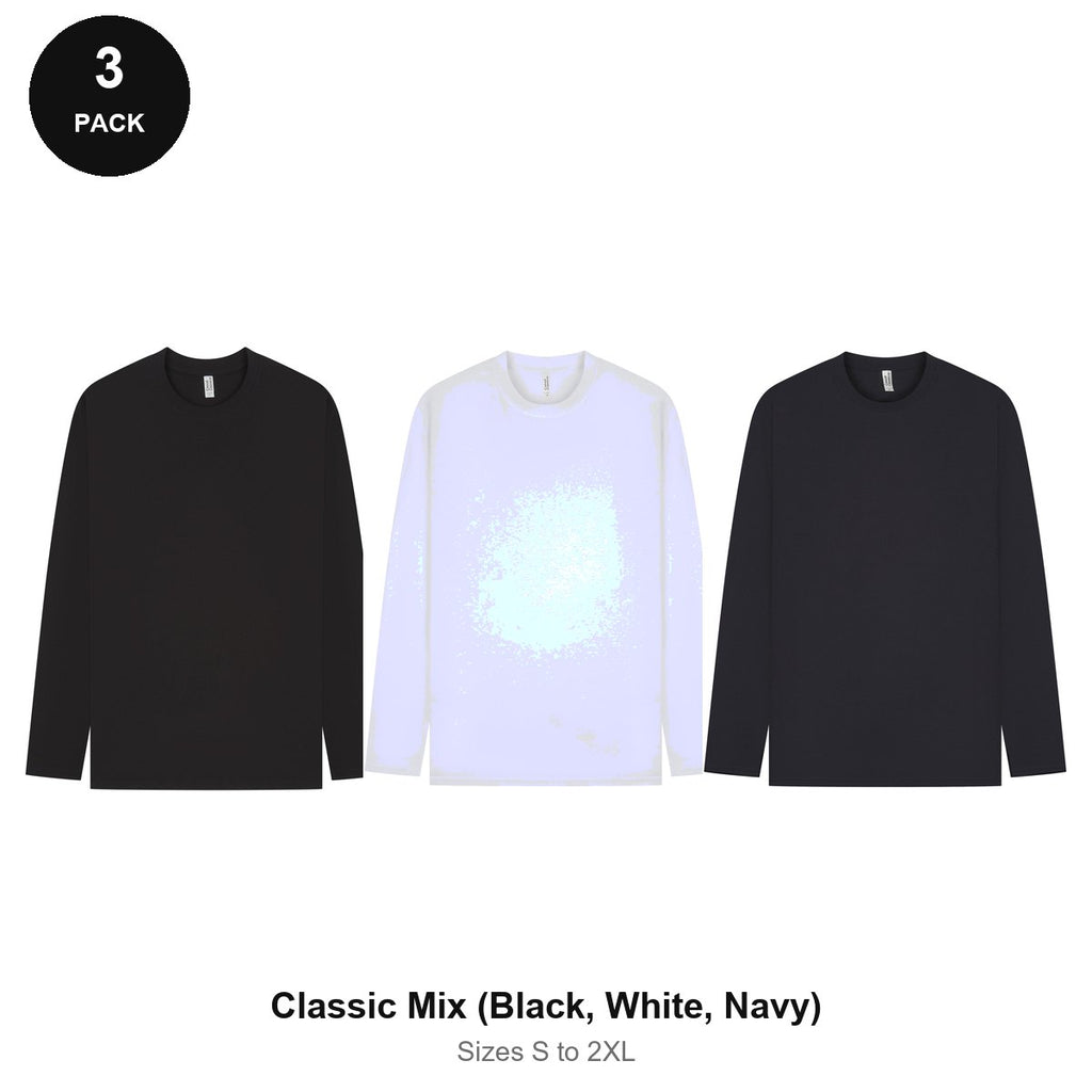 Mens Long Sleeve T-Shirts 3 Pack - 100% ringspun cotton 150gsm, Sizes S-2XL - Classic Mix (Black, White, Navy)