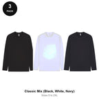 Mens Long Sleeve T-Shirts 3 Pack - 100% ringspun cotton 150gsm, Sizes S-2XL - Classic Mix (Black, White, Navy)